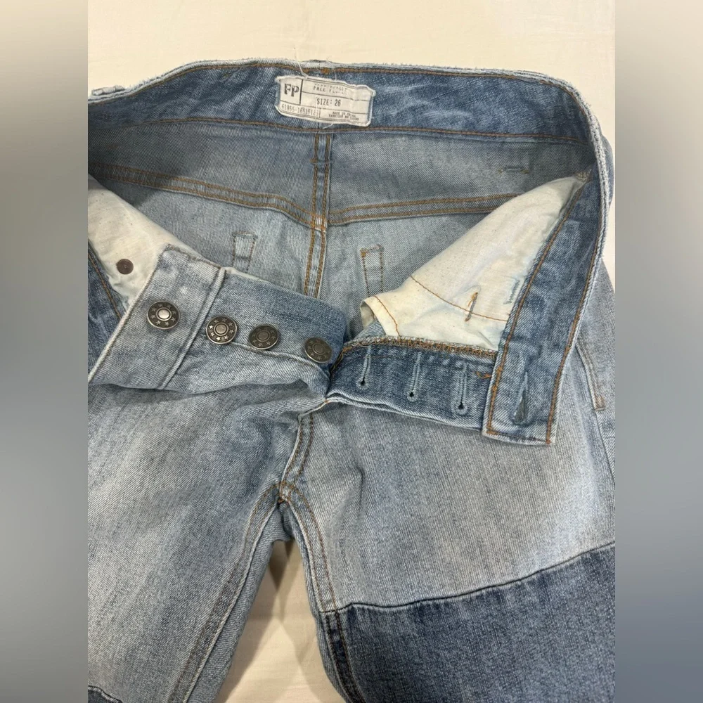Free People Men's Patchwork Straight Jeans in Mixed Blue Denim